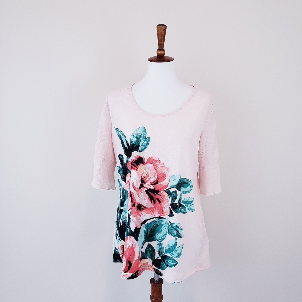 JM Collection Pink Floral Blouse Peony Tie Shoulder Blush Pink Size 0X